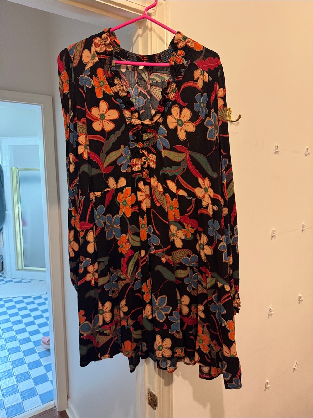 Black Floral Long-Sleeve Ruffle Dress